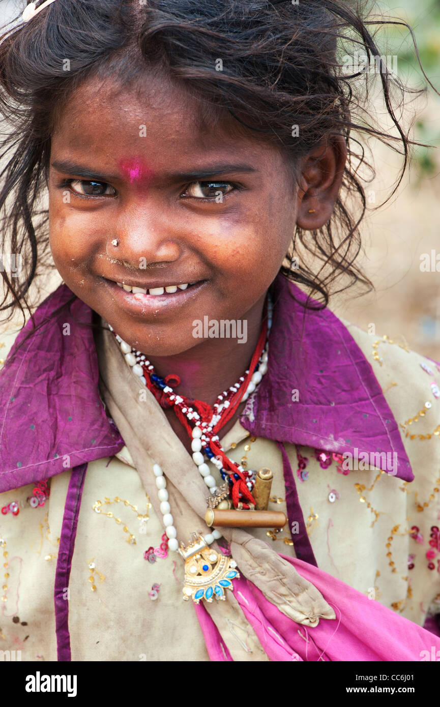 Poor Indian beggar girl smiling. Andhra Pradesh, India Stock Photo