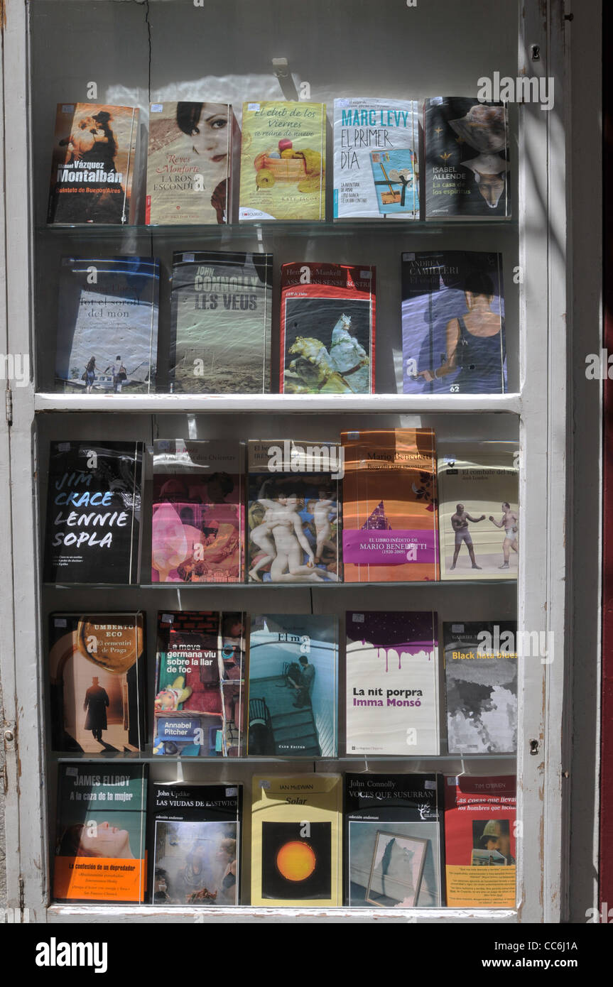 A bookshop window in Soller on Mallorca Stock Photo