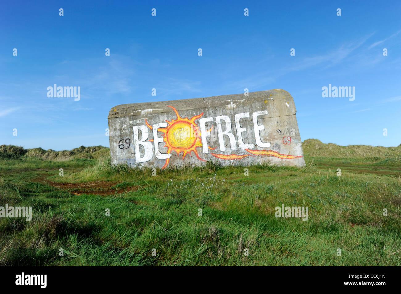 Old bunker in the dunes, with graffiti "Be Free", Fano island, Denmark,  Scandinavia, Europe Stock Photo - Alamy