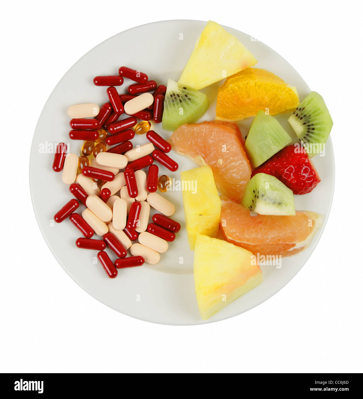 Vitamin choices on a plate:natural and artificial.......you must chose!!!...educational nutritional image. Stock Photo