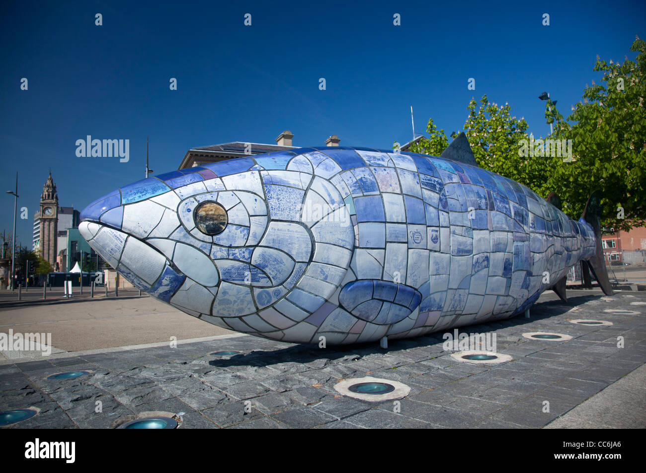 'The Big Fish' salmon sculpture by John Kindness, Belfast Waterfront, Belfast, County Antrim, Northern Ireland. Stock Photo