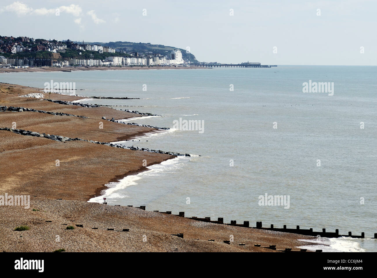 Groynes(sea defense system), along the beach at Hastings, east sussex, england,UK Stock Photo