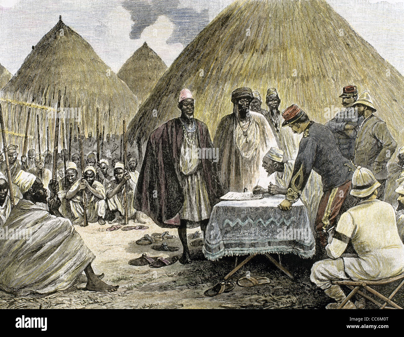 History of Africa. French colonialism. 19th century. Signing a treaty with the chief of the tribe Tamiso. Colored engraving. Stock Photo