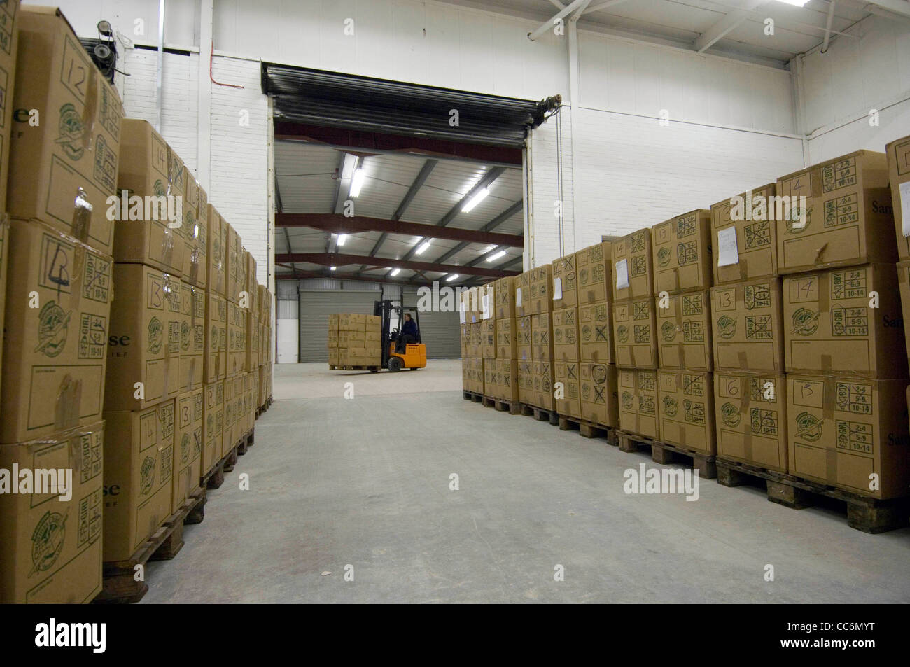 Thousands of Christmas shoeboxes stacked inside the Fforestfach