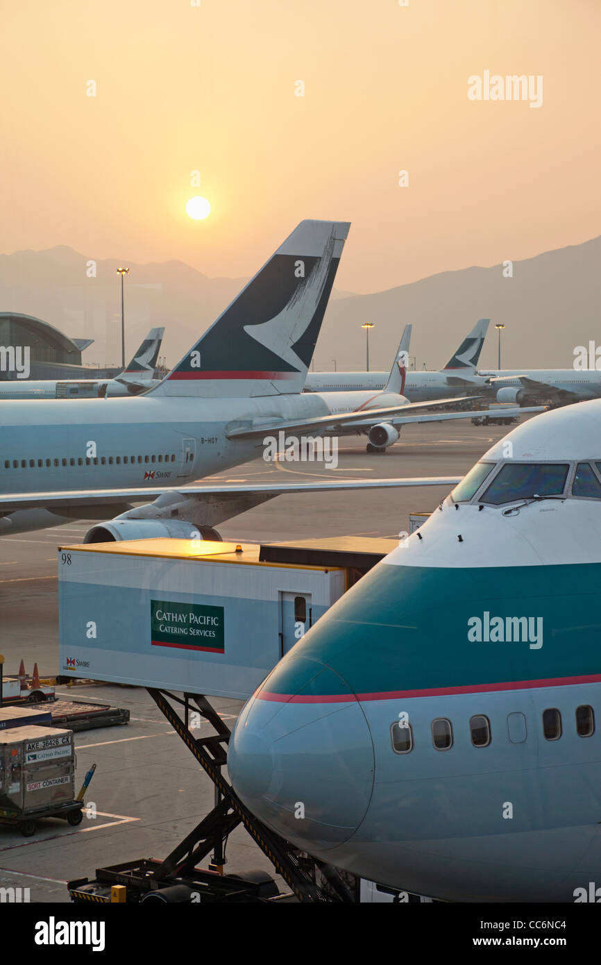 China, Hong Kong, Hong Kong International Airport, Cathay Pacific 747 Aircraft on Tarmac Stock Photo
