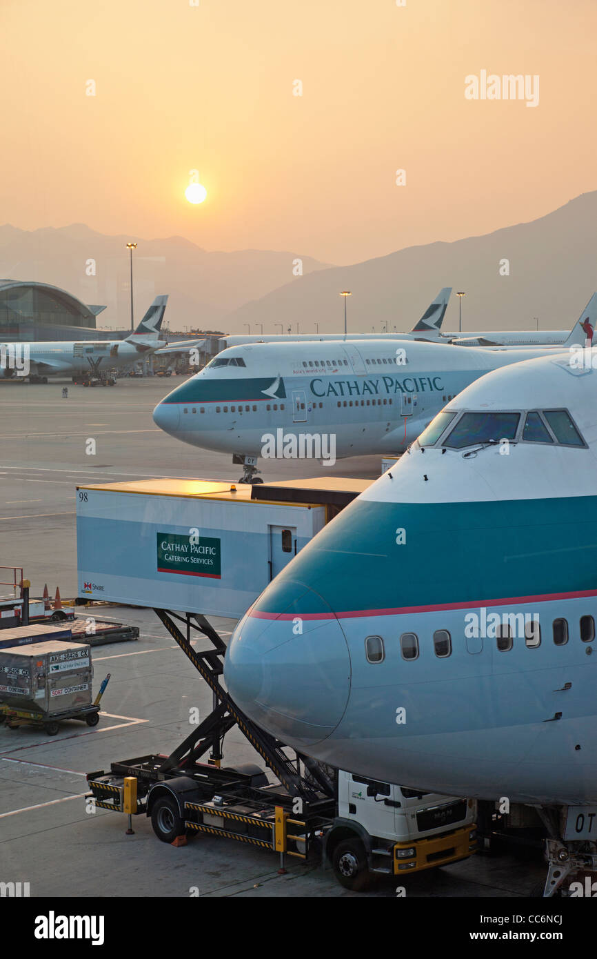 China, Hong Kong, Hong Kong International Airport, Cathay Pacific 747 Aircraft on Tarmac Stock Photo