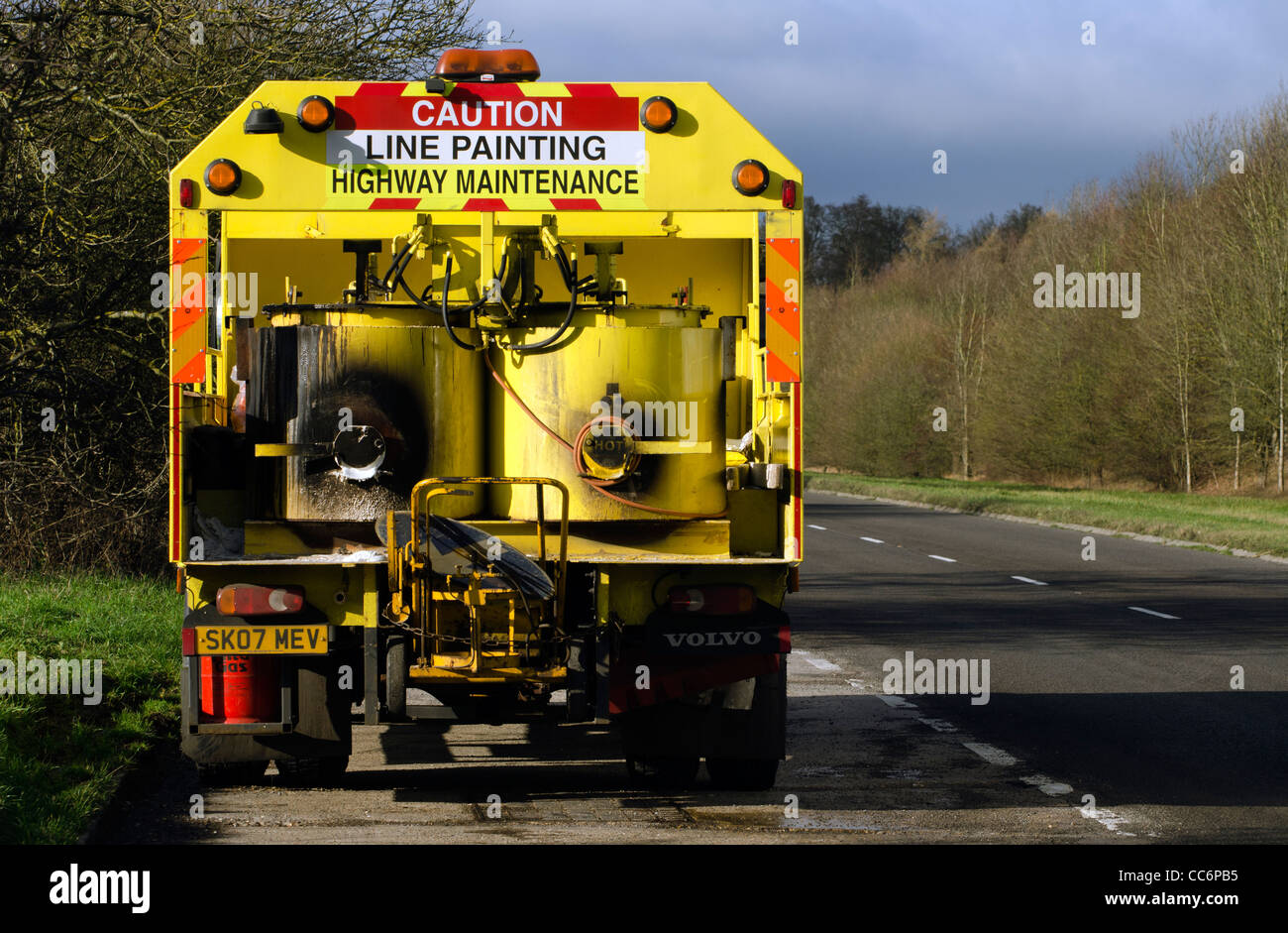 Road line painting utility vehicle parked in a lay-by Stock Photo