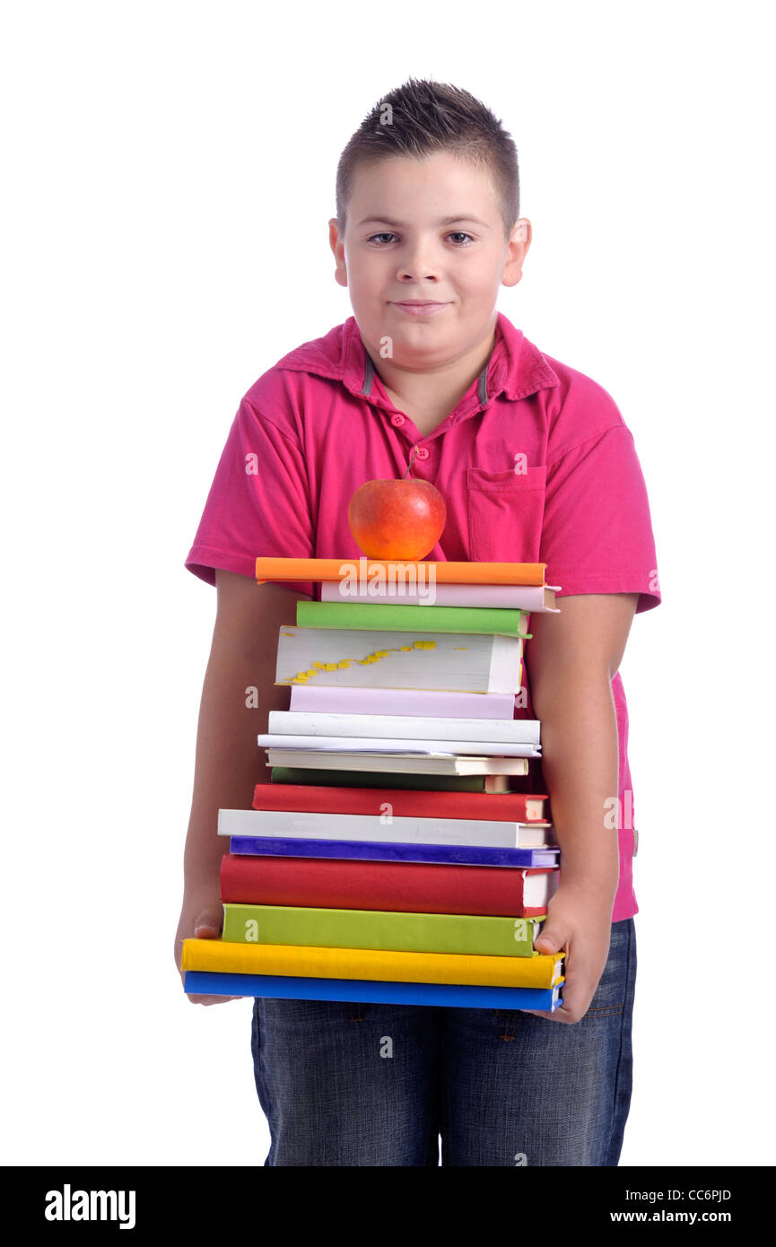boy with stack of books. Isolated on white background Stock Photo - Alamy