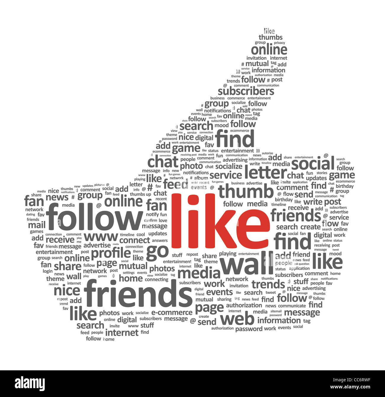 Illustration of the thumb up symbol, which is composed of words on social media themes. Isolated on white. Stock Photo