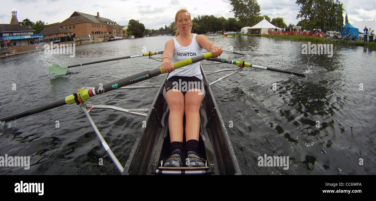 A cox eye view from a GoPro Hero POV camera of a rowing race at St Neots Regatta in Cambridgeshire, England Stock Photo