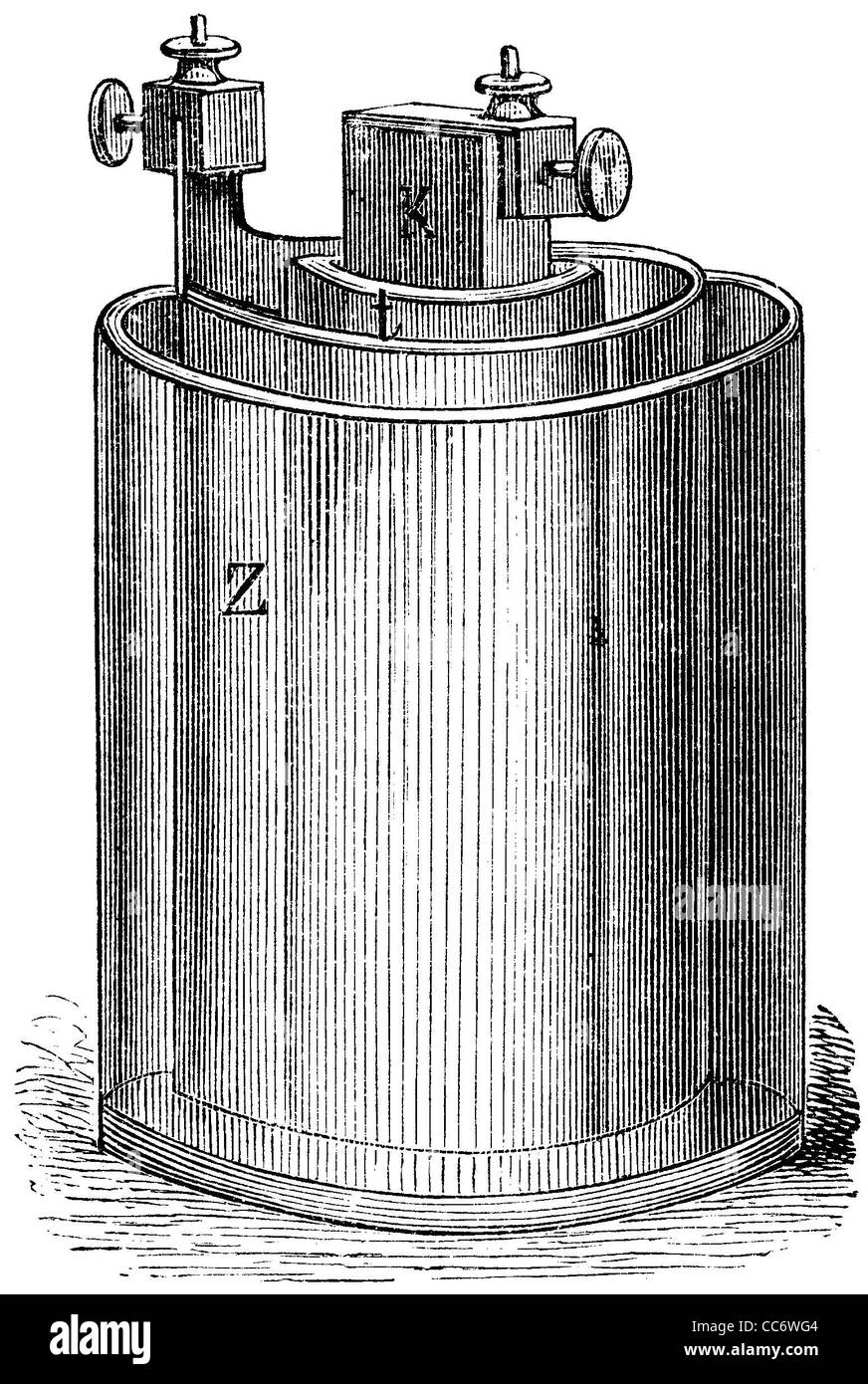 Bunsen element. Z) zinc, t) ceramic tip, K) coal Stock Photo