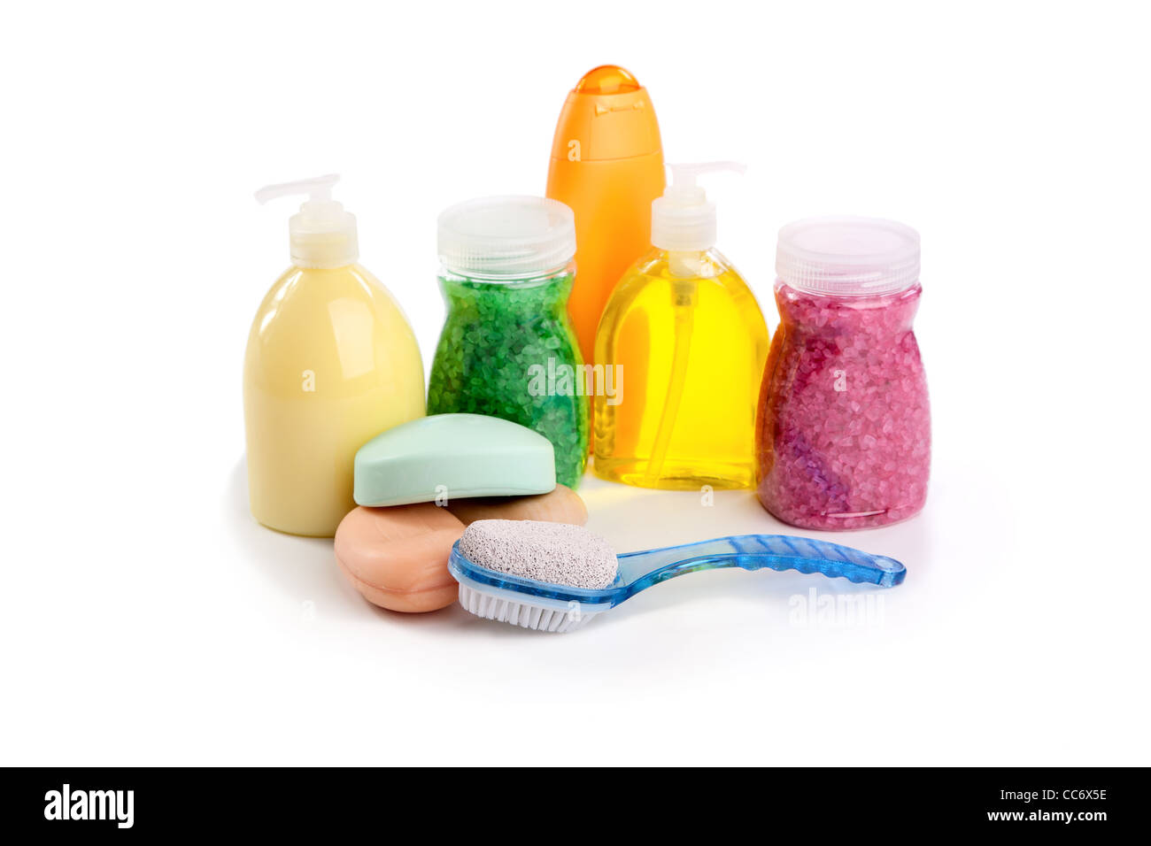 Washed shampoo salt for bathroom on a white background Stock Photo