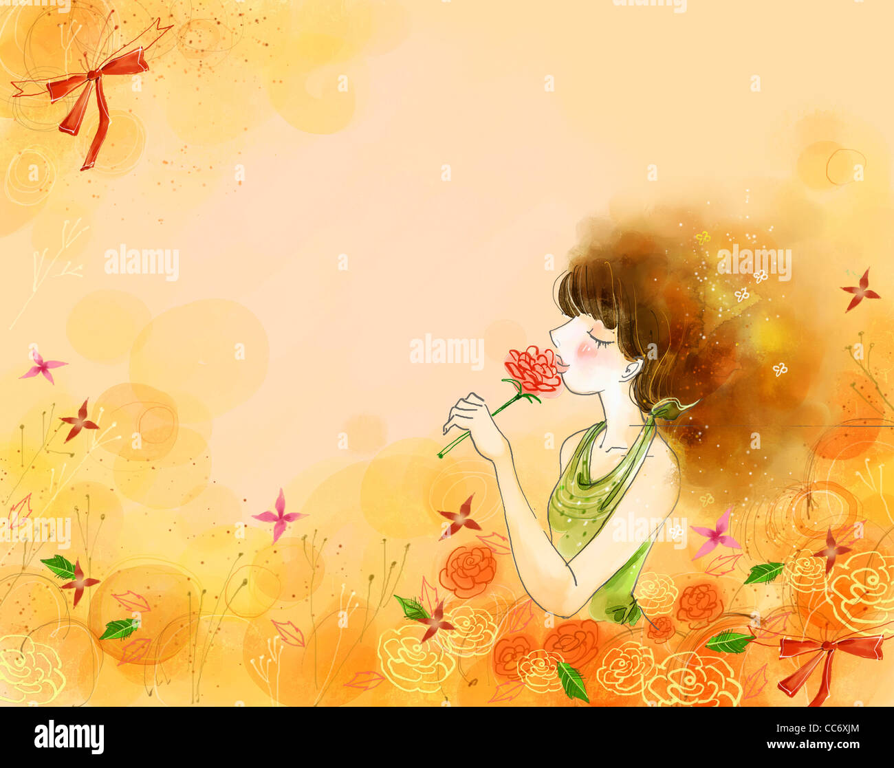 girl smelling red rose with brown background Stock Photo - Alamy