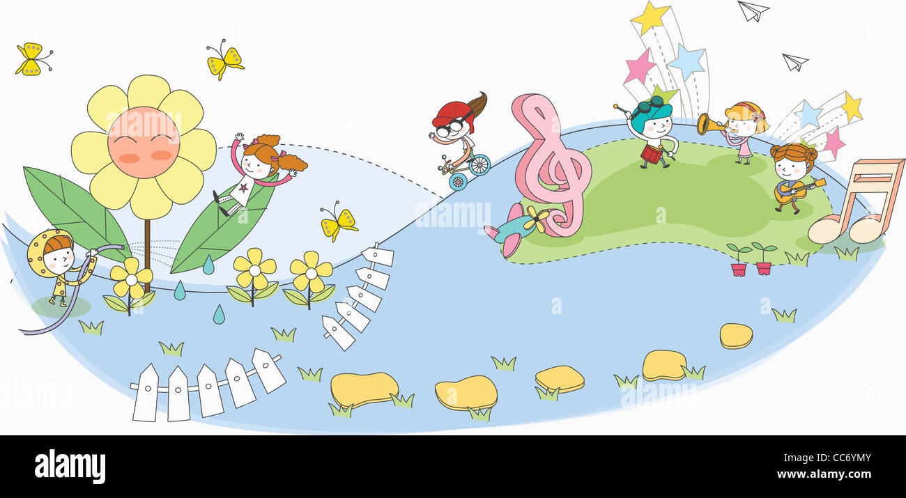 Playing Note playing children with note Stock Photo - Alamy
