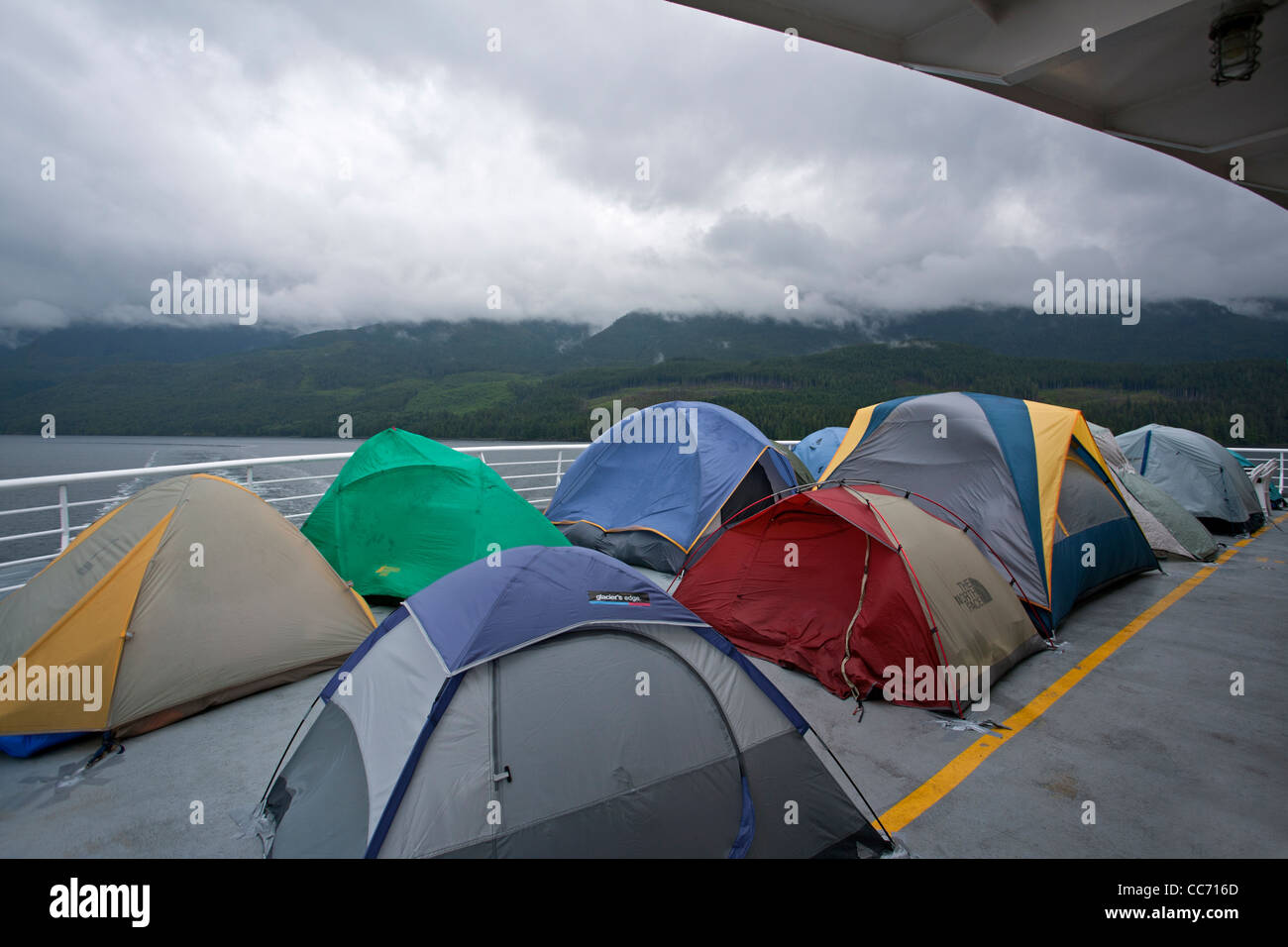 Tents pitched on the deck of the Columbia ferry. Ferry from Bellingham(Washington) to Skagway (Alaska). Inside Passage. USA Stock Photo