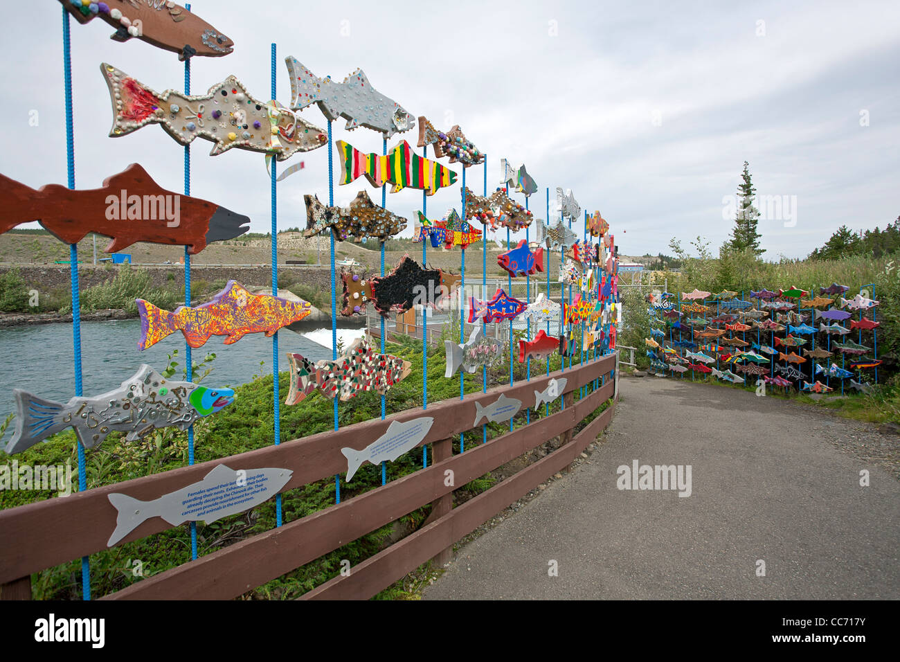 Public art installation. Colorful salmons. Whitehorse Rapids Fishway. Yukon. Canada Stock Photo