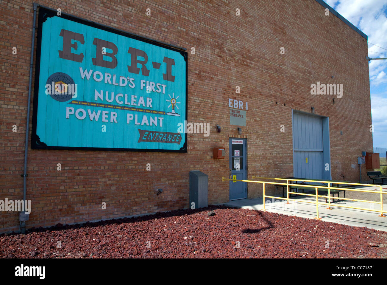 Sign for the EBR-I decommissioned research nuclear reactor atomic museum located in the desert near Arco, Idaho, USA. Stock Photo