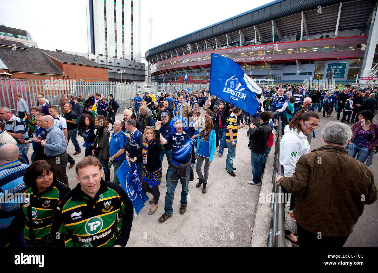 Leinster fans celebrate their side's win over Northampton to be crowned Heineken Cup Champions. Stock Photo