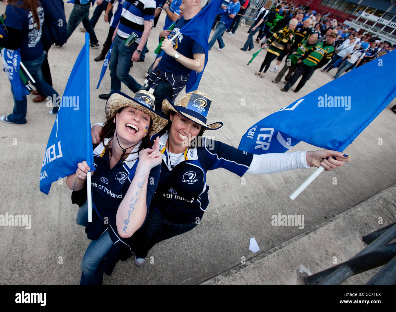 Leinster fans celebrate their side's win over Northampton to be crowned Heineken Cup Champions. Stock Photo