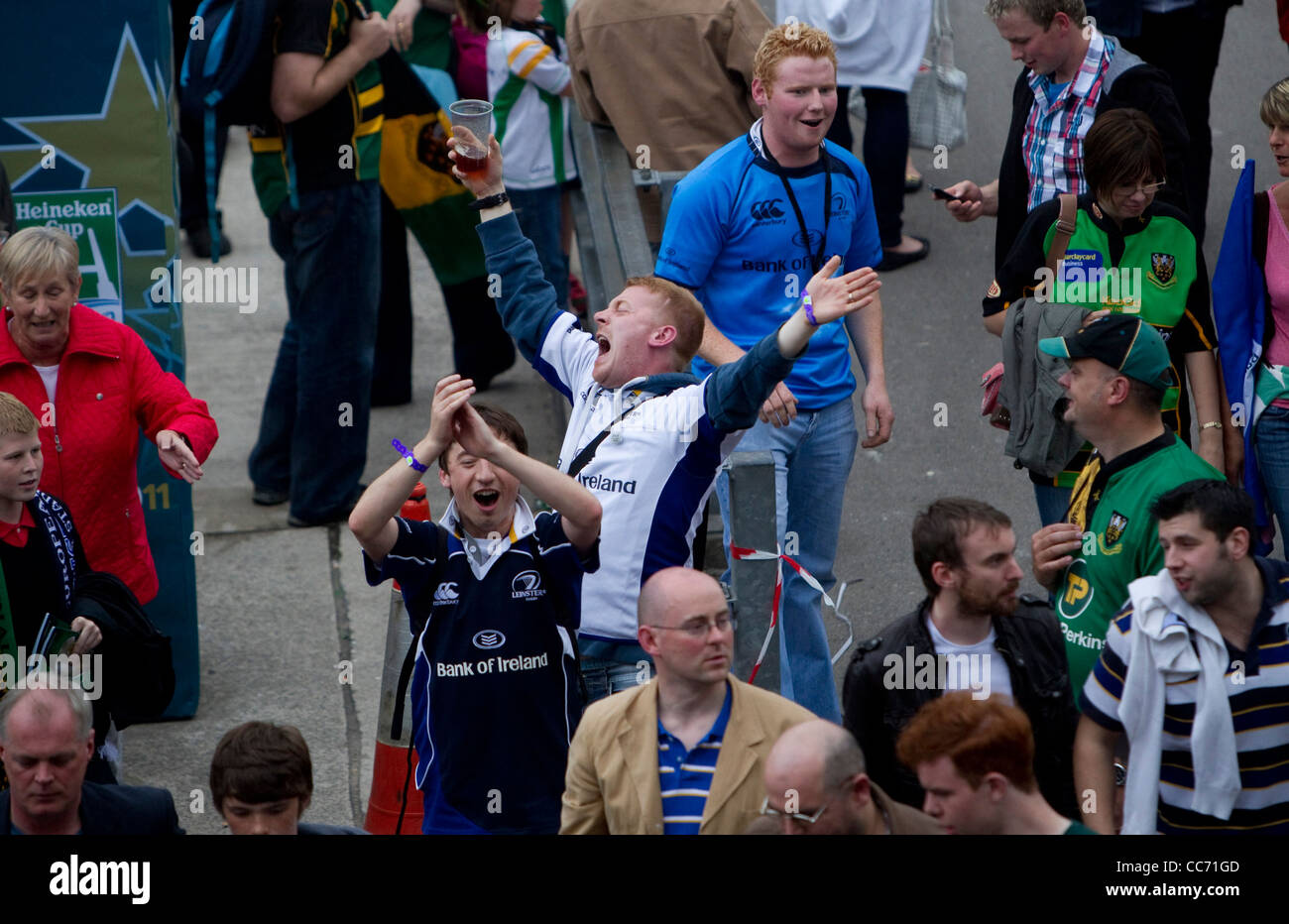 Leinster fans celebrate their side's win over Northampton to be crowned Heineken Cup Champions. Stock Photo