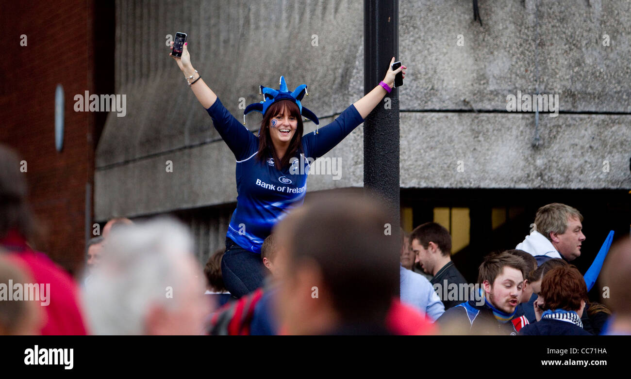 Leinster fans celebrate their side's win over Northampton to be crowned Heineken Cup Champions. Stock Photo
