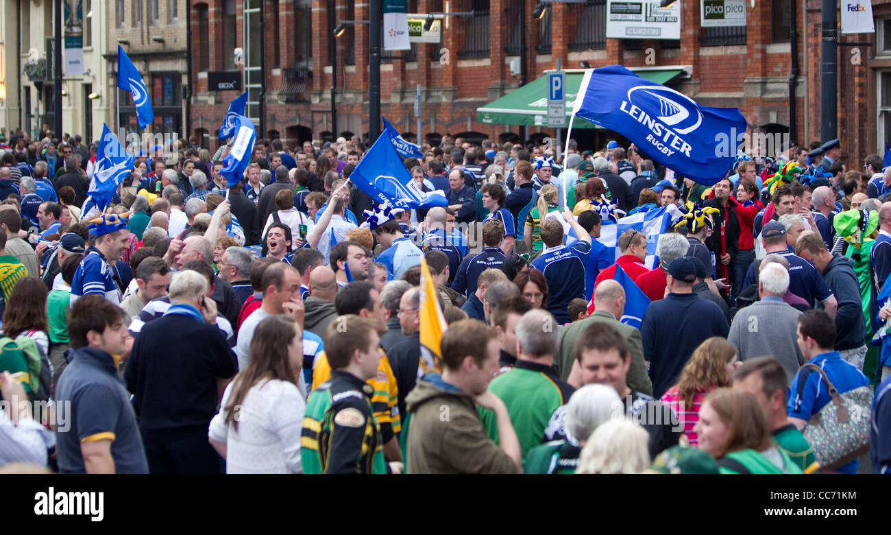 Leinster fans celebrate their side's win over Northampton to be crowned Heineken Cup Champions. Stock Photo