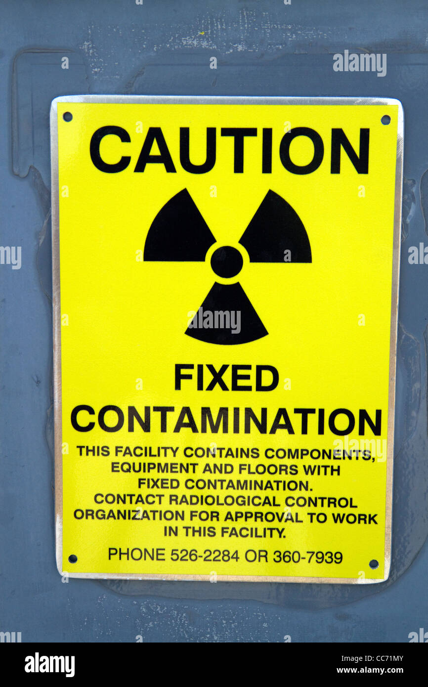 Radiation caution sign at the EBR-I decommissioned research nuclear reactor atomic museum located near Arco, Idaho, USA. Stock Photo