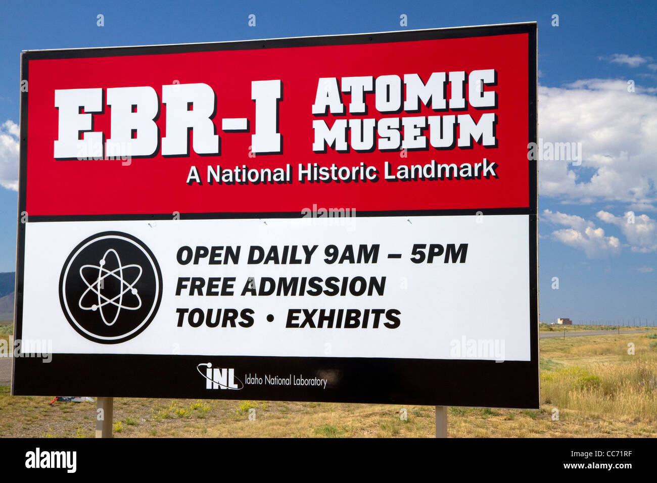 Sign for the EBR-I decommissioned research nuclear reactor atomic museum located in the desert near Arco, Idaho, USA. Stock Photo