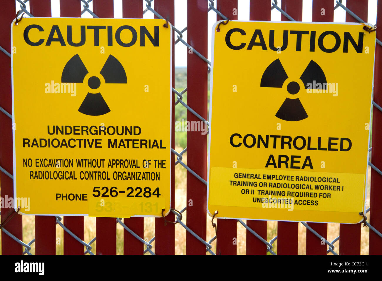 Radiation caution sign at the EBR-I decommissioned research nuclear reactor atomic museum located near Arco, Idaho, USA. Stock Photo