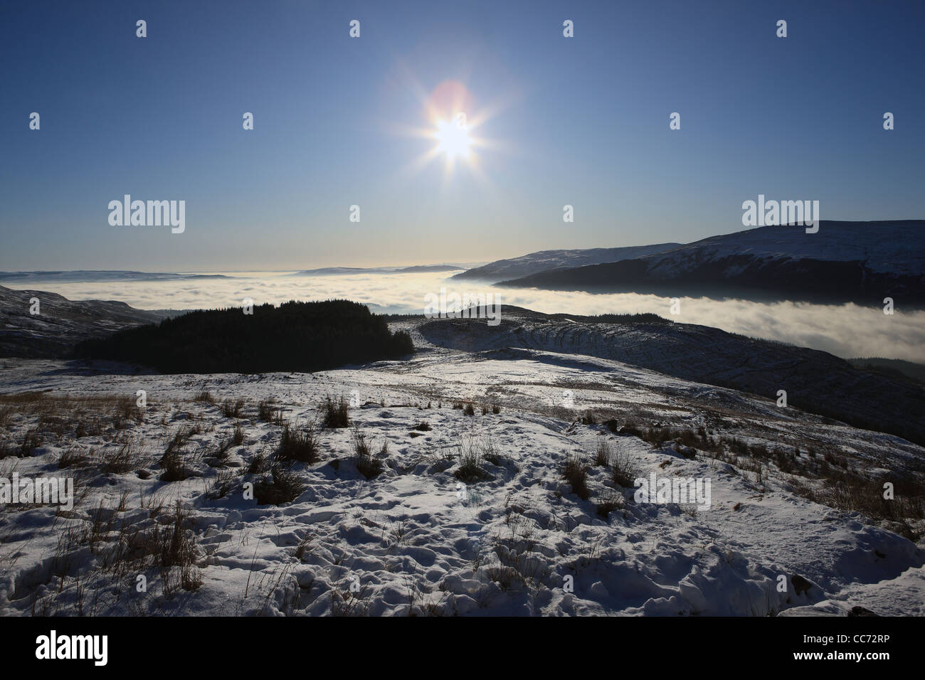 Cloud inversion over Glasgow area and Loch Lomond from the slopes of Ben Lomond Stock Photo