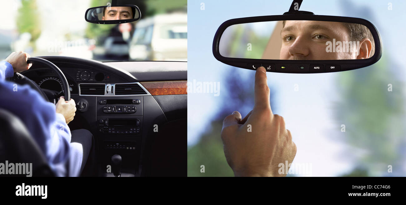 man sits on driver's seat and Looks in the rearview mirror Stock Photo