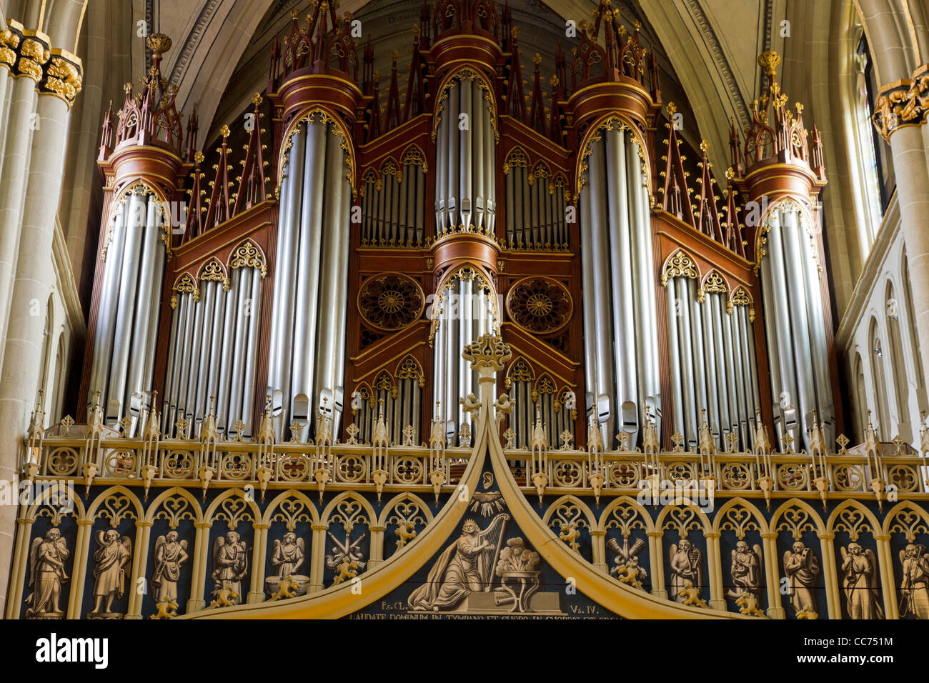 Vintage pipe organ in Cathedral St.Nicholas Fribourg, Switzerland Stock Photo