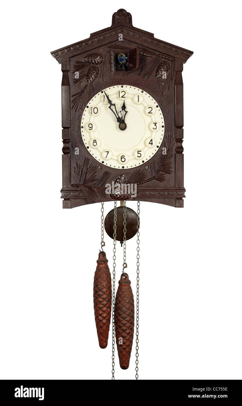 Wall clock with a cuckoo a pendulum and weights Stock Photo Alamy