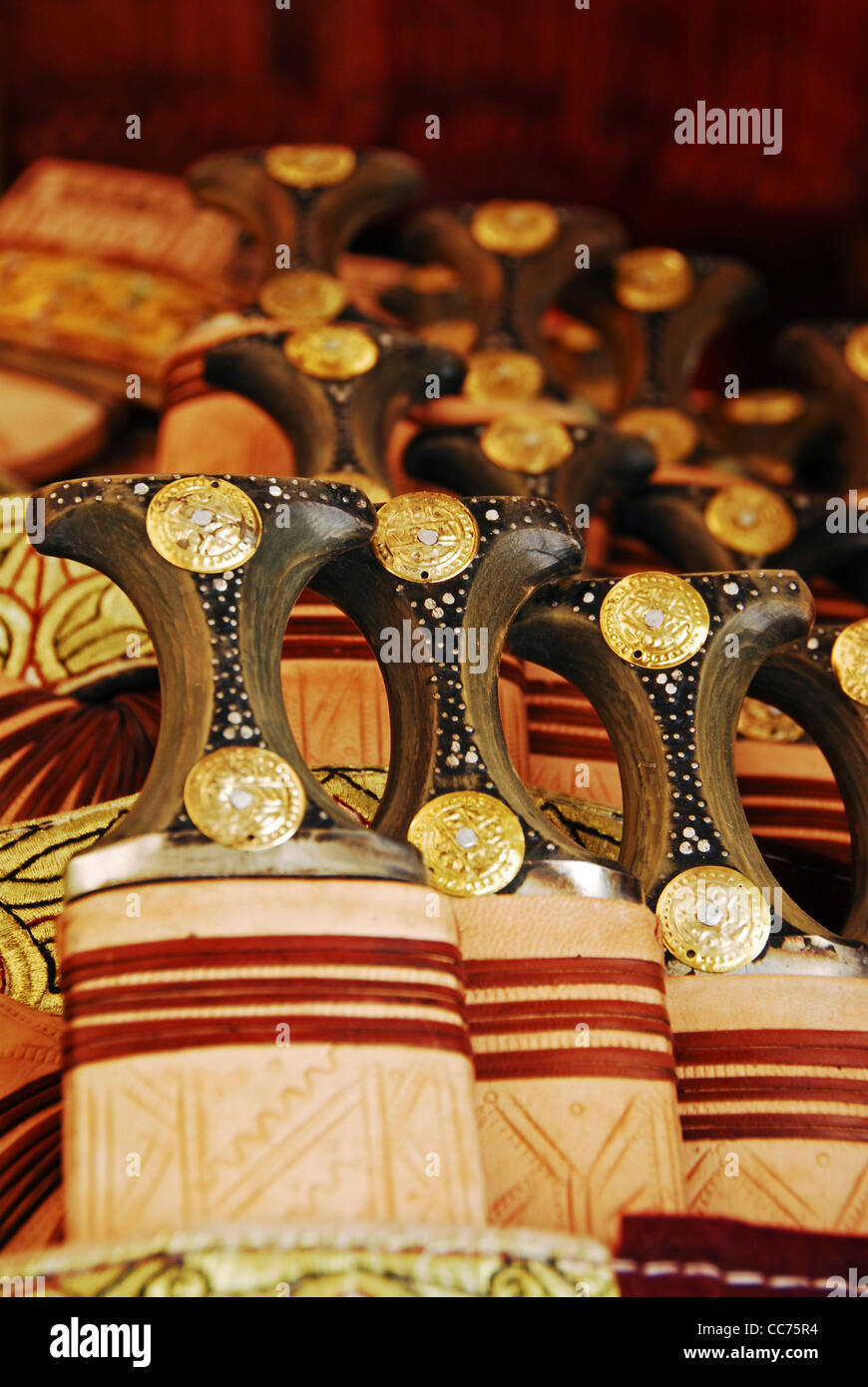 Yemen, Sanaa, close-up of designed Jambiya daggers kept for sale Stock Photo