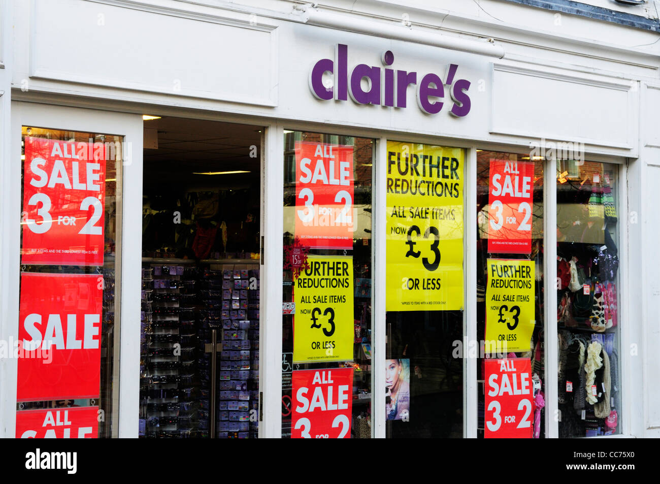 Claire's Accessories Shop with Sale Notices, Cambridge, England, UK Stock Photo
