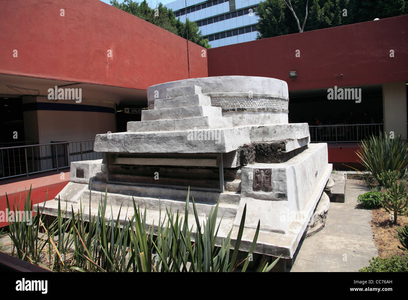 Aztec ruins, known as Adoratorio del Dios Ehecatl, in the Pino Suarez metro station, Mexico City, Mexico Stock Photo