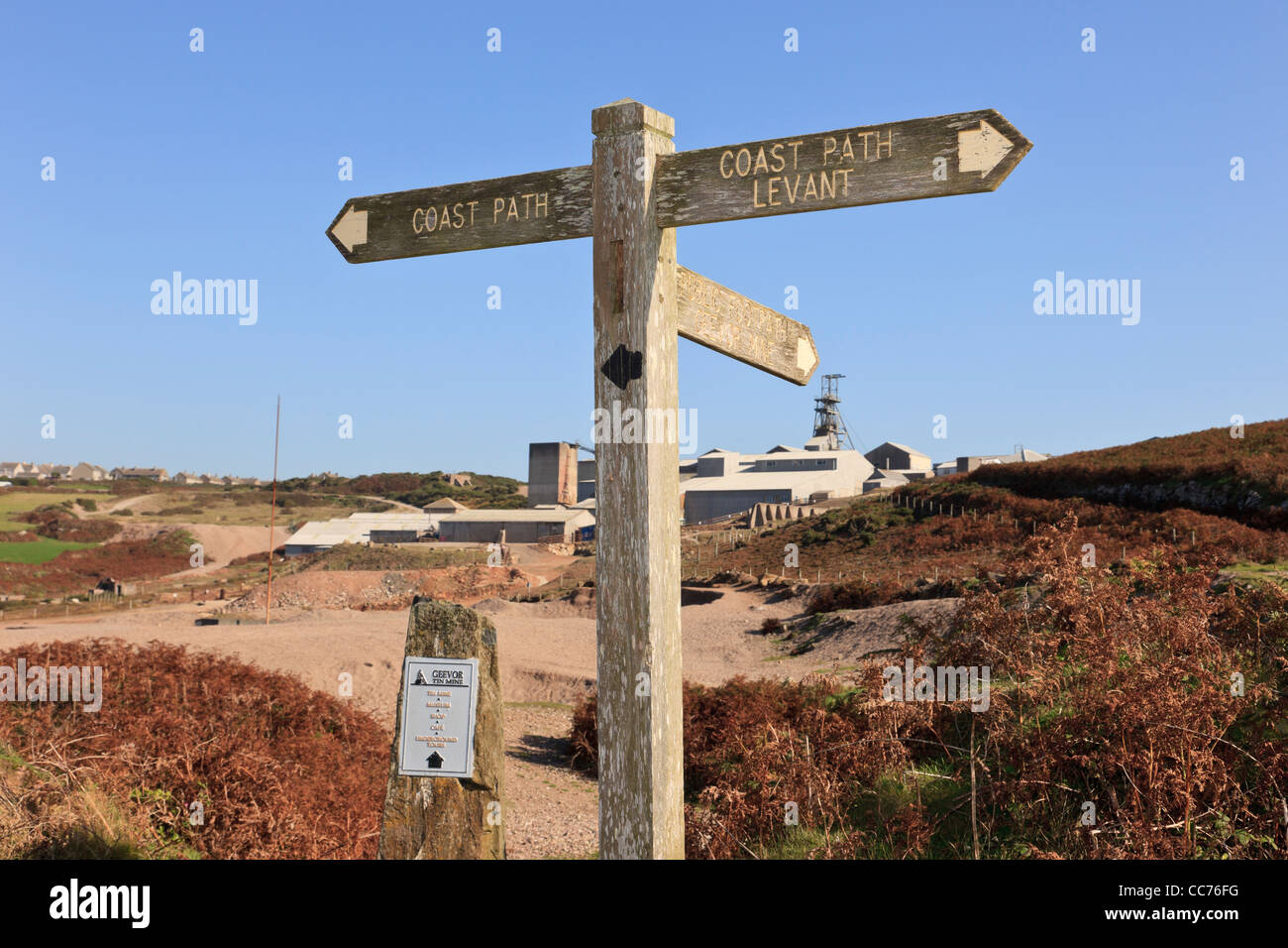 Coastal path signpost at junction with footpath to Geevor Tin Mine. Pendeen, Cornwall, England, UK, Britain. Stock Photo