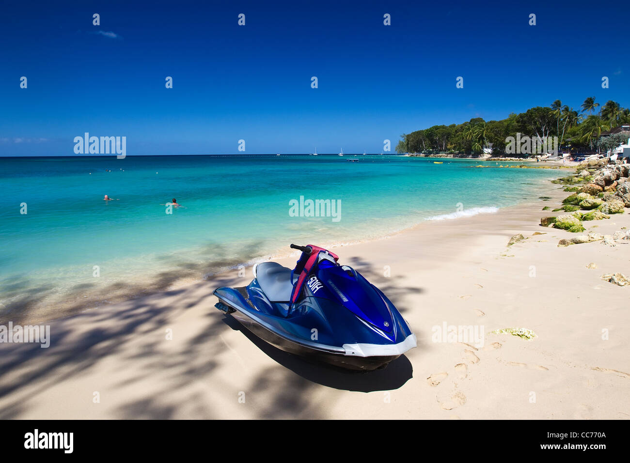 Jet Ski on the beach at the Platinum Coast, St James, West Coast, Barbados,  West Indies Stock Photo