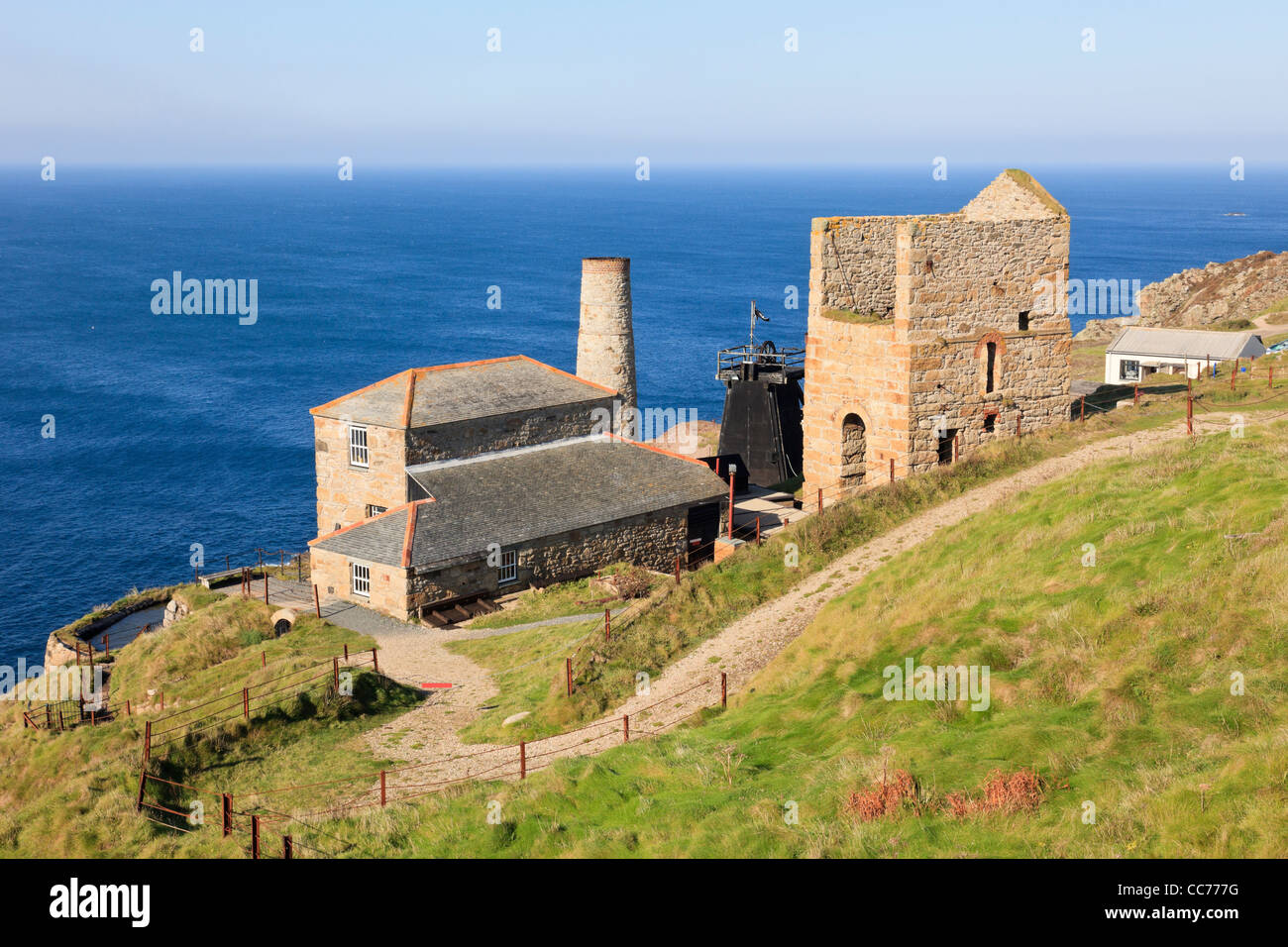 Levant Tin mine and Beam Engine house visitor attraction from South West Coast Path near Trewellard Pendeen Cornwall England UK Stock Photo