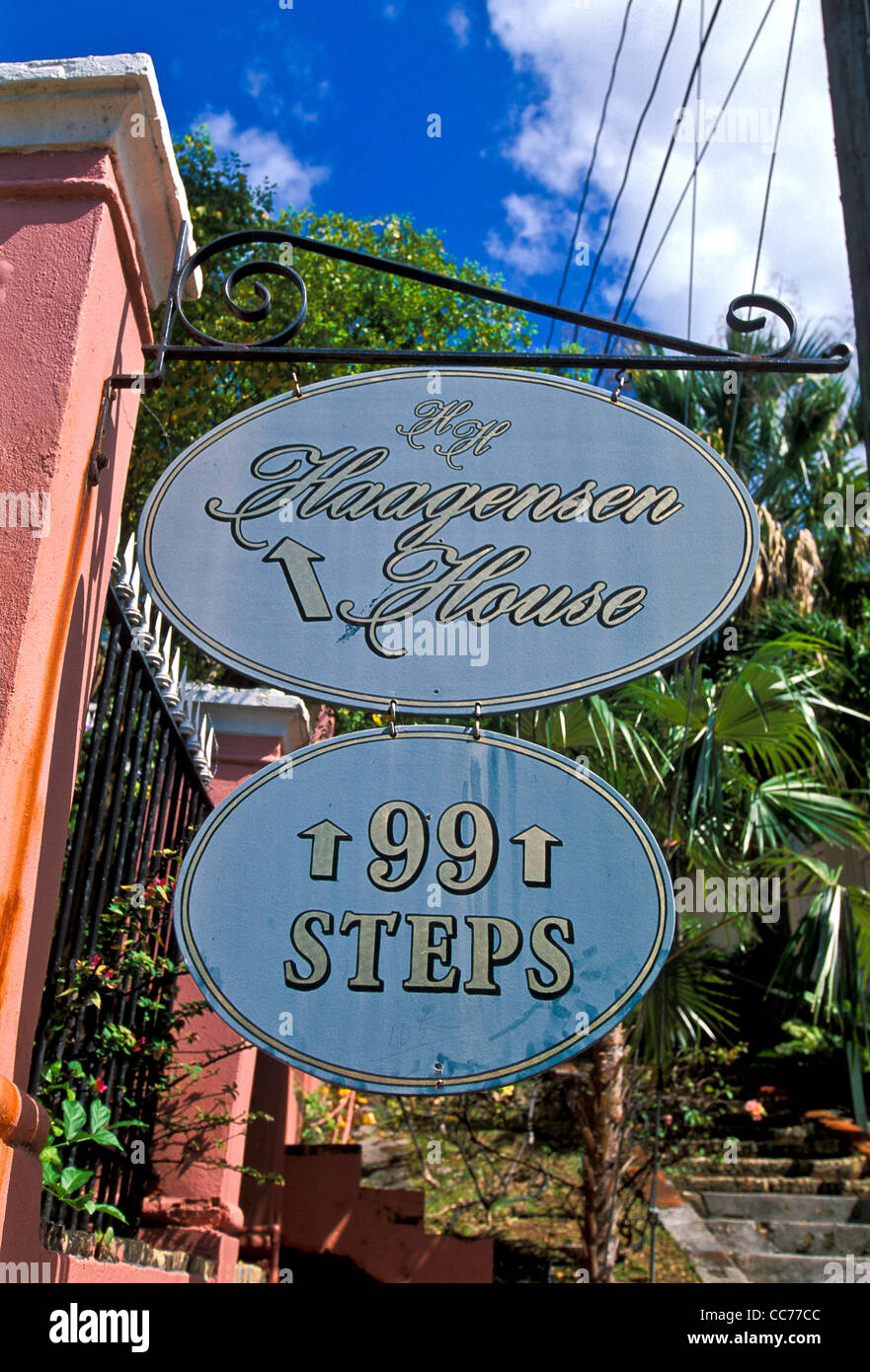 St. Thomas U.S. Virgin Islands Charlotte Amalie sign to tourist attractions 99 Steps and Haagensen House Stock Photo
