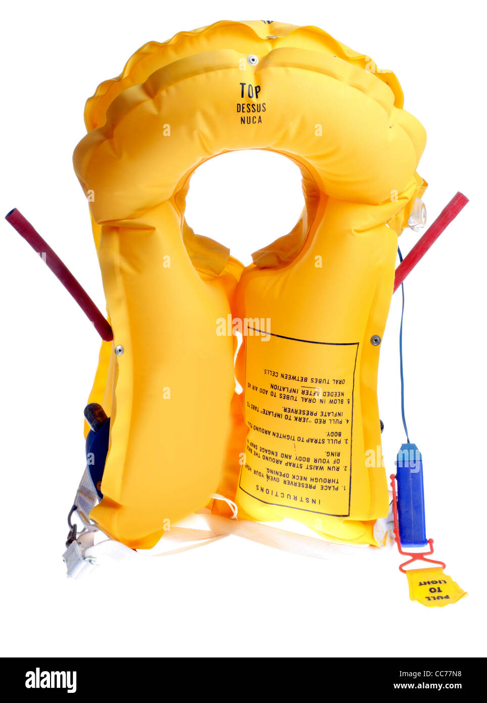 Yellow life vest, for use in airplanes, as emergency equipment. Inflatable. Stock Photo