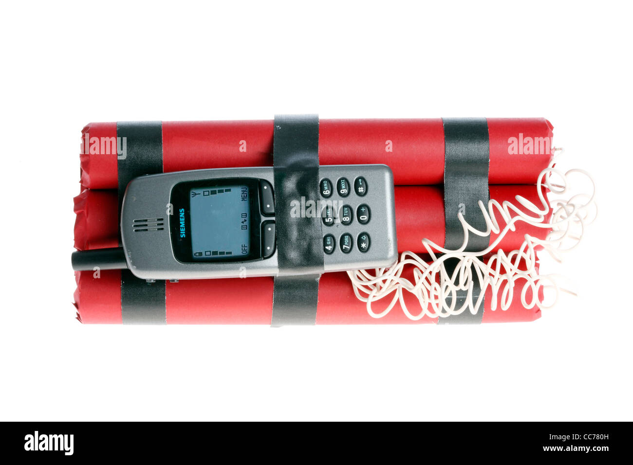 Symbol picture, time bomb. Bomb remote controlled explosive device, released by a mobile phone, timer or incoming call. Stock Photo