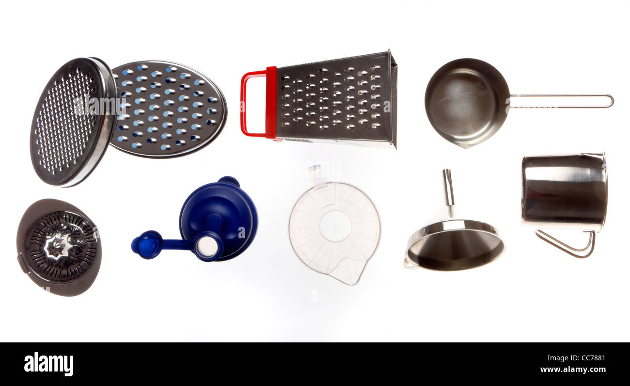 Compilation of various kitchen utensils, kitchen tools. grinder, mixing bottle, funnel, hopper, grater, lemon squeezer, Stock Photo