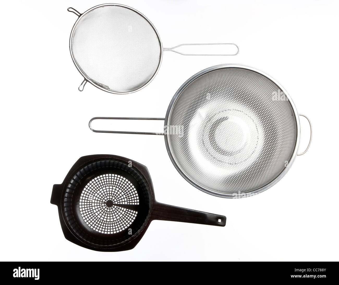 Compilation of various kitchen utensils, kitchen tools. Sieves, metal