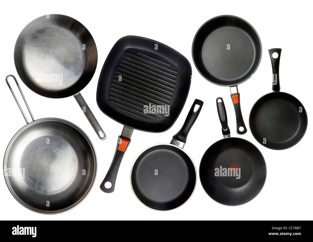Compilation of various kitchen utensils, kitchen tools, pans. Stock Photo