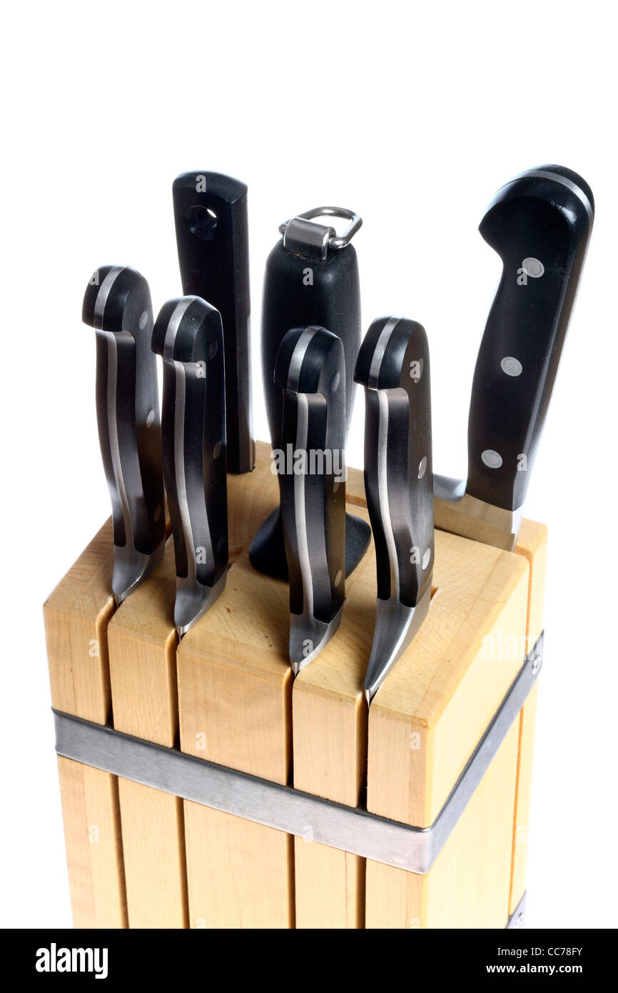 Kitchen tools. Knife block with various types of kitchen knifes. Stock Photo