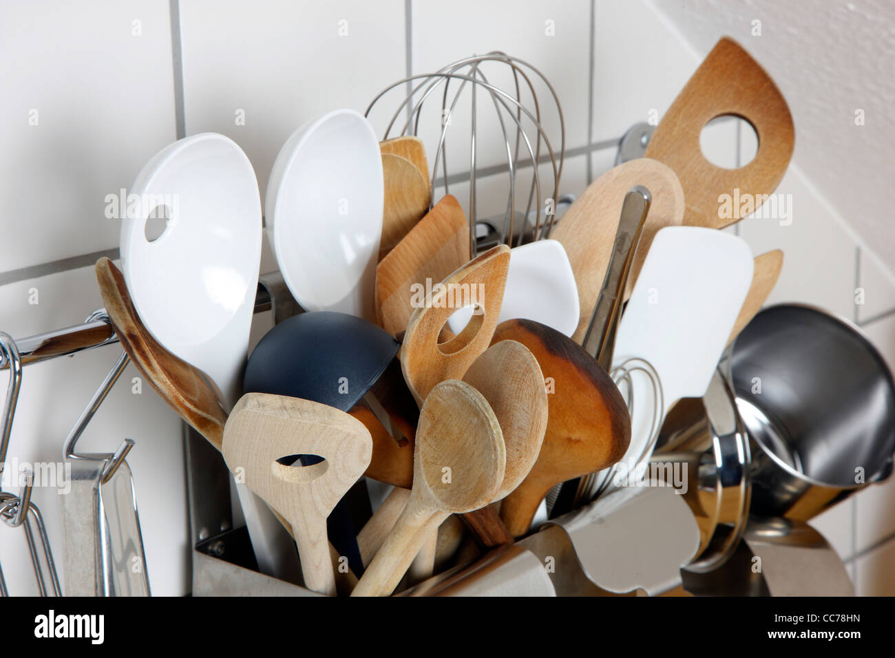 Various kitchen utensils, kitchen tools, box in a kitchen Stock Photo