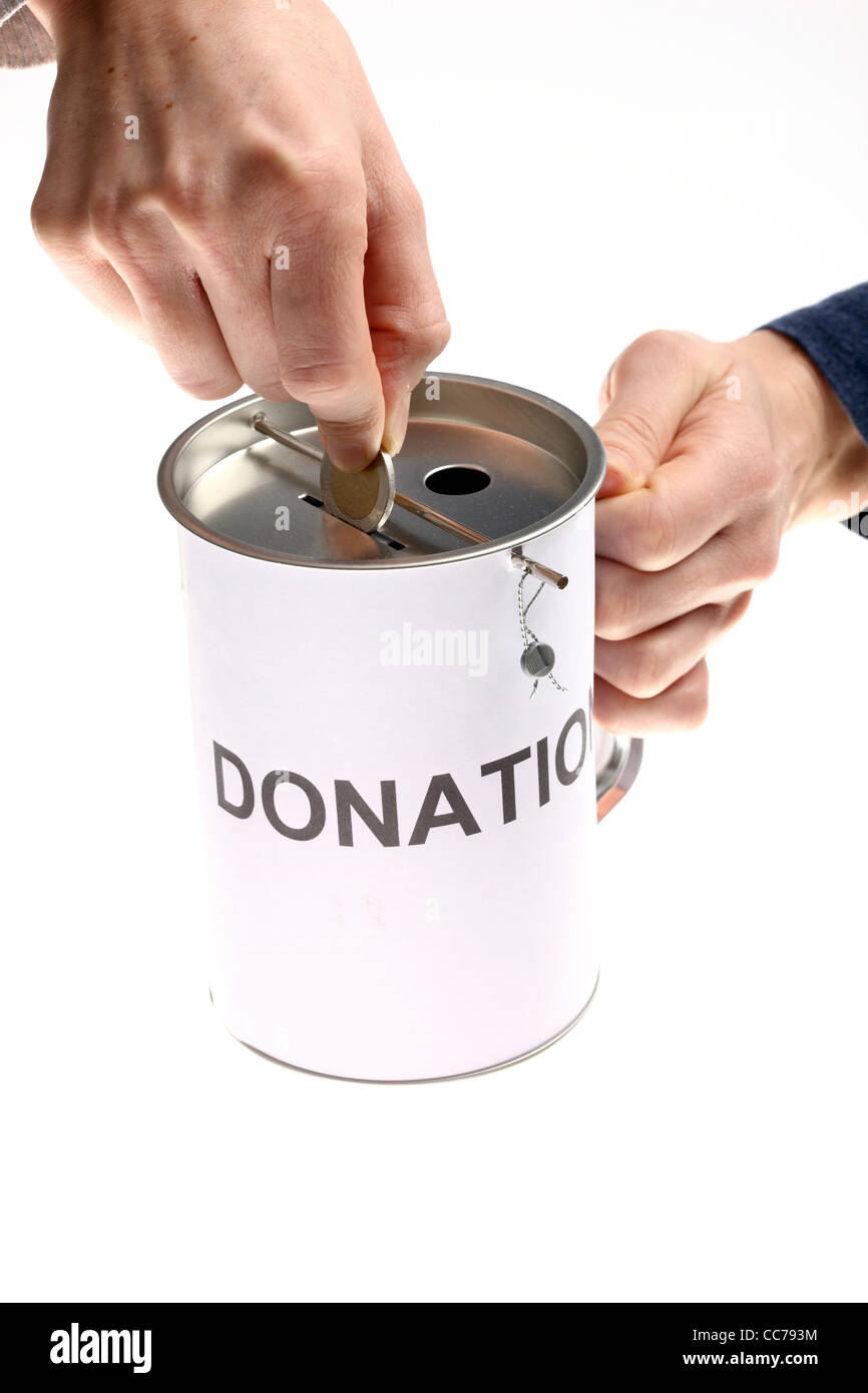 Donation can. Collecting money, for charity Stock Photo Alamy