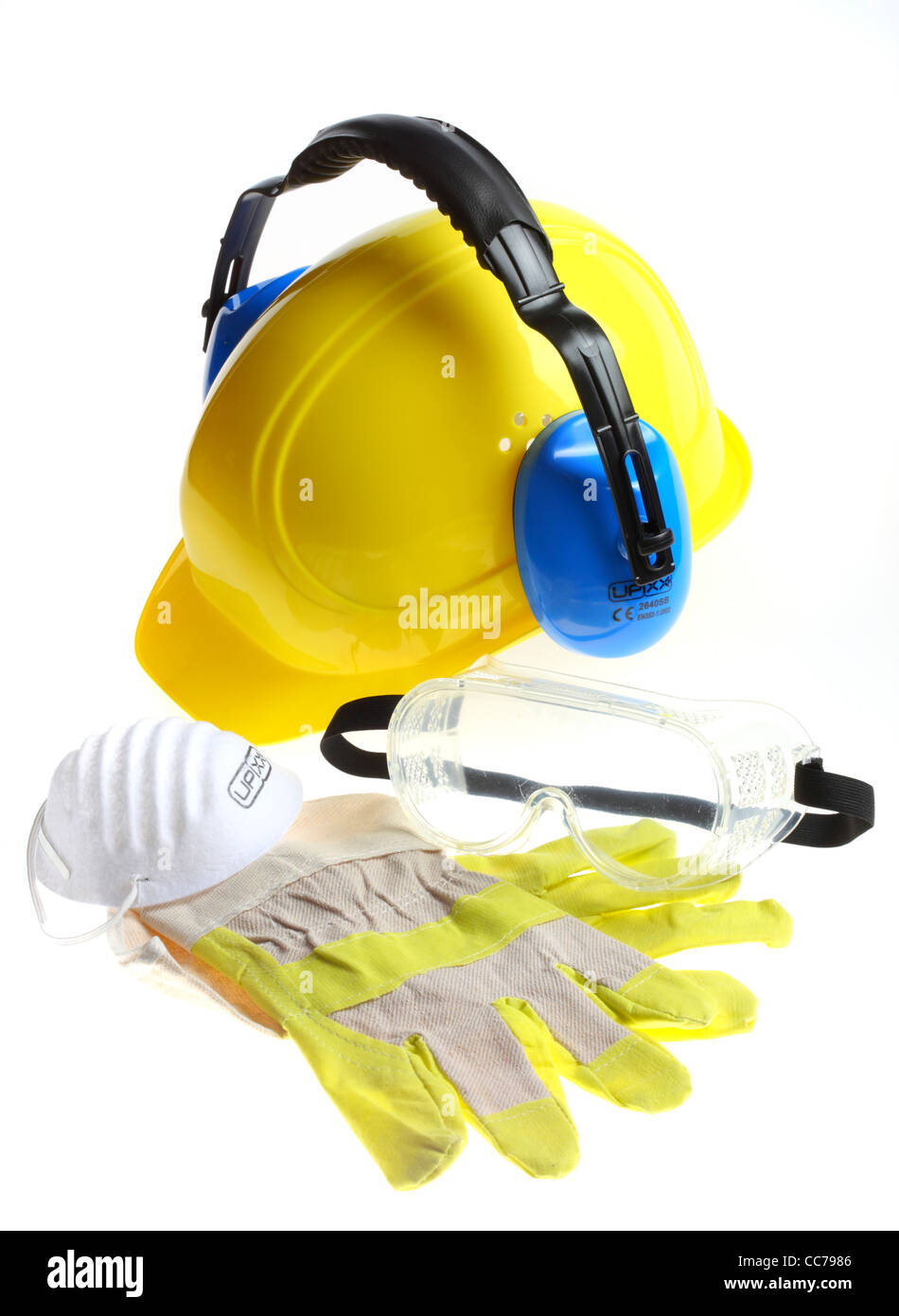 Protective equipment for worker. Protective helmet,  hard hat,  safety glasses, ear protection, work gloves, dust mask, Stock Photo