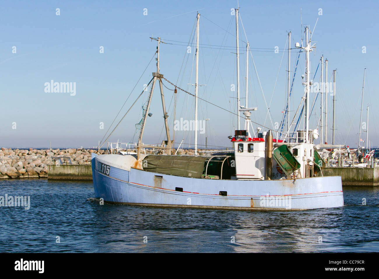 Fishing Boat, leaving the harbour, Gilleleje, Sjaelland, Denmark Stock Photo
